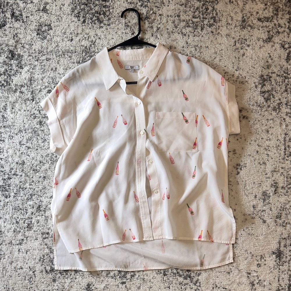 White Button-Up Shirt with Rose Wine Bottle Print